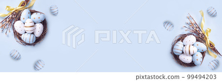 Easter egg and cake on grey table background. Easter egg and cake on grey table background. 99494203