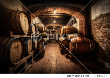 Wine barrels lined up in a traditional wine cellar 99494215