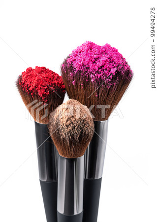 Face blusher powder and make-up brushes on white background. Decorative cosmetic. Face powders and makeup brush. 99494278