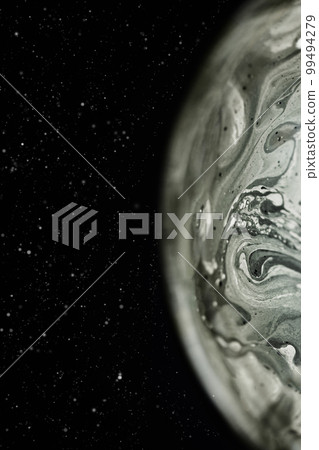 Soap bubble as a virtual grey alien planet in universe on dark background. Abstract soap bubble as an alien futuristic planet. 99494279