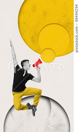 Contemporary art collage. Conceptual design. Young man emotionally shouting in megaphone and jumping. Important news, information 99494294