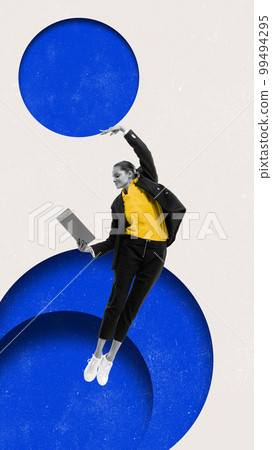 Contemporary art collage. Conceptual design. Young girl, employee with tablet jumping over grey background with colored circles 99494295