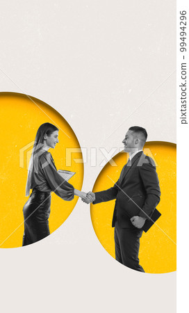 Contemporary art collage. Conceptual design. Professional cooperation. Man and woman, company leaders shaking hands. Deal. Partnership 99494296