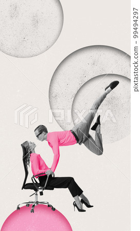 Contemporary art collage. Conceptual design. Business relationship. Love affair at work. Man and woman, employees in pink shirts over grey background with abstract elements 99494297