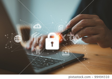 businessman using his laptop to establish a network connection that is protected by a shield guard, which safeguards against cyber attacks. This exemplifies the concept of network security systems. businessman using his laptop to establish a network connection that is protected by a shield guard, which safeguards against cyber attacks. This exemplifies the concept of network security systems. 99494310