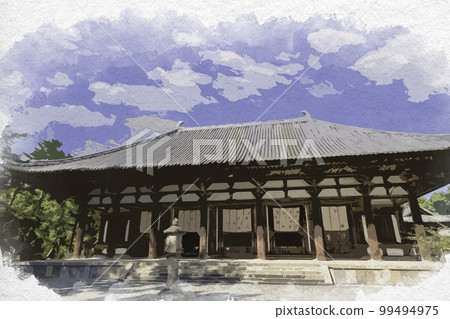 奈良縣奈良市水彩風格的唐招大寺大殿 99494975