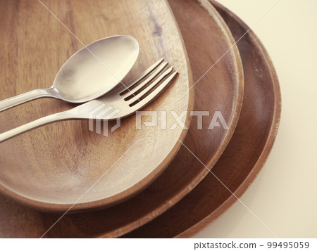 木盤子和叉子/勺子 木盤子和叉子/勺子 99495059