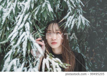 A woman in a black dress with snow and nature A woman in a black dress with snow and nature 99495205
