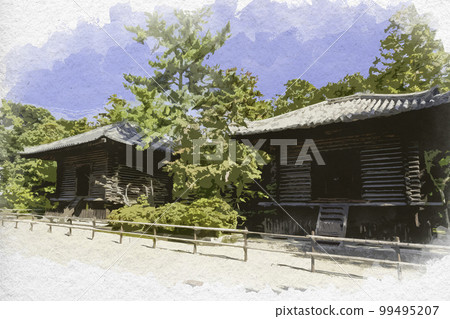 Watercolor-style Toshodai-ji Temple treasure house and sutra storehouse, Nara City, Nara Prefecture 99495207
