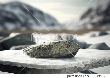 Empry marble stone podium with mountains on background. Empty background for product presentation, mockup. Generative Ai image Empry marble stone podium with mountains on background. Empty background for product presentation, mockup. Generative Ai image 99495320