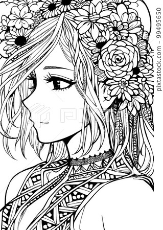 A beautiful girl, featuring decorations and costumes, doodle, coloring book. Vector illustration A beautiful girl, featuring decorations and costumes, doodle, coloring book. Vector illustration 99495650