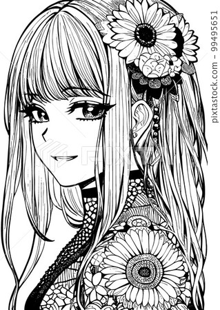 A beautiful girl, featuring decorations and costumes, doodle, coloring book. Vector illustration A beautiful girl, featuring decorations and costumes, doodle, coloring book. Vector illustration 99495651