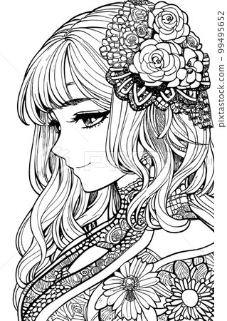 A beautiful girl, featuring decorations and costumes, doodle, coloring book. Vector illustration 99495652
