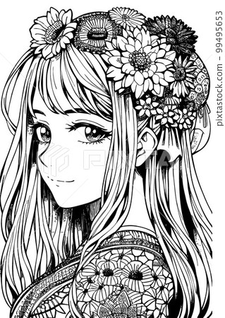 A beautiful girl, featuring decorations and costumes, doodle, coloring book. Vector illustration 99495653