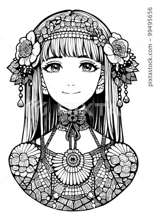 A beautiful girl, featuring decorations and costumes, doodle, coloring book. Vector illustration 99495656