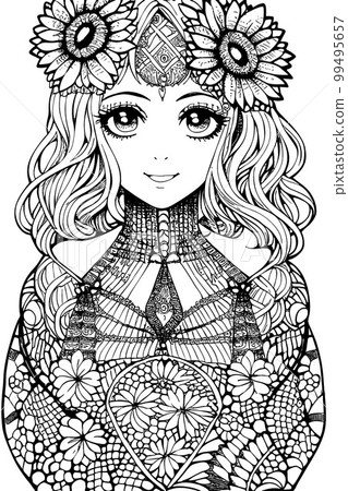 A beautiful girl, featuring decorations and costumes, doodle, coloring book. Vector illustration A beautiful girl, featuring decorations and costumes, doodle, coloring book. Vector illustration 99495657
