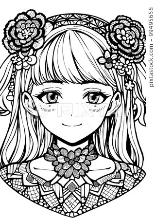 A beautiful girl, featuring decorations and costumes, doodle, coloring book. Vector illustration A beautiful girl, featuring decorations and costumes, doodle, coloring book. Vector illustration 99495658