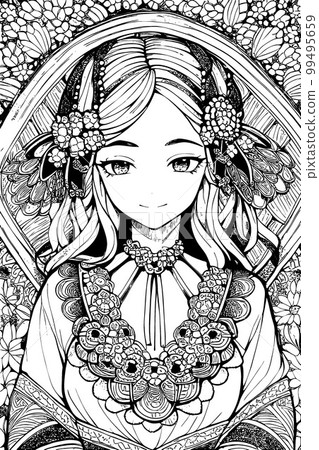 A beautiful girl, featuring decorations and costumes, doodle, coloring book. Vector illustration A beautiful girl, featuring decorations and costumes, doodle, coloring book. Vector illustration 99495659