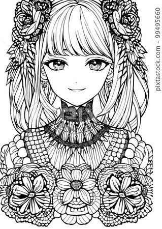 A beautiful girl, featuring decorations and costumes, doodle, coloring book. Vector illustration A beautiful girl, featuring decorations and costumes, doodle, coloring book. Vector illustration 99495660