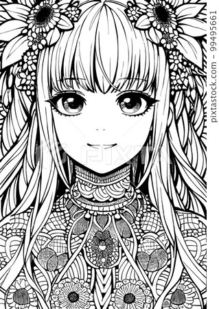 A beautiful girl, featuring decorations and costumes, doodle, coloring book. Vector illustration A beautiful girl, featuring decorations and costumes, doodle, coloring book. Vector illustration 99495661