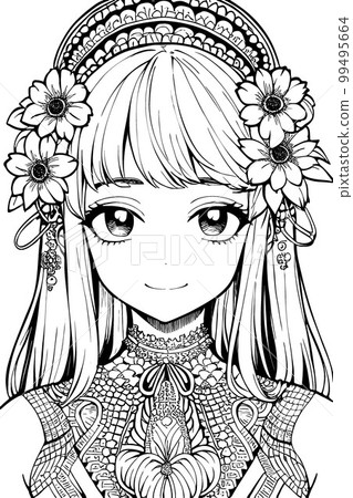 A beautiful girl, featuring decorations and costumes, doodle, coloring book. Vector illustration A beautiful girl, featuring decorations and costumes, doodle, coloring book. Vector illustration 99495664