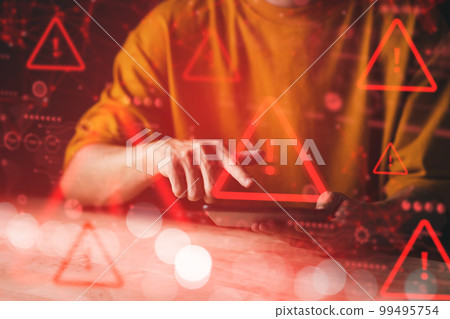 System hacked warning alert on tablet. Cyber attack on computer network, Virus, Spyware, Malware or Malicious software. Cyber security and cybercrime. Compromised information internet. System hacked warning alert on tablet. Cyber attack on computer network, Virus, Spyware, Malware or Malicious software. Cyber security and cybercrime. Compromised information internet. 99495754