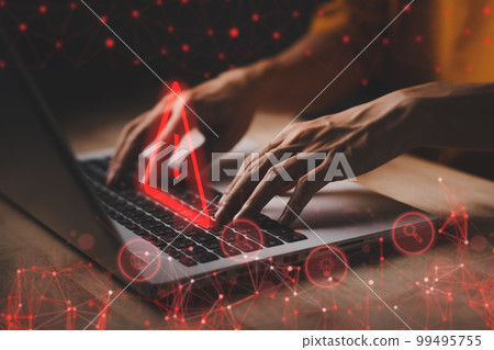 System hacked warning alert on notebook (Laptop). Cyber attack on computer network, Virus, Spyware, Malware or Malicious software. Cyber security and cybercrime. Compromised information internet. System hacked warning alert on notebook (Laptop). Cyber attack on computer network, Virus, Spyware, Malware or Malicious software. Cyber security and cybercrime. Compromised information internet. 99495755