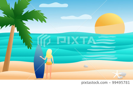 Tropical beach panorama background with girl standing on the beach with surf or paddle board, vector Tropical beach panorama background with girl standing on the beach with surf or paddle board, vector 99495781