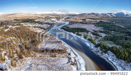 Aerial view of snow covered Gweebarra River between Doochary and Lettermacaward in Donegal - Ireland Aerial view of snow covered Gweebarra River between Doochary and Lettermacaward in Donegal - Ireland 99495822