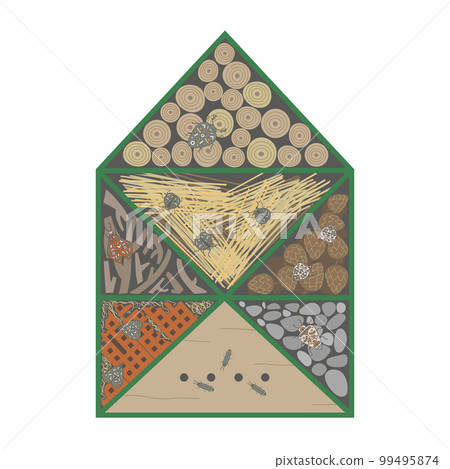 Decorated, protected house with compartments and natural components like stouns, cones, dry grass for insects. Insects hotel for ladybug, butterfly, bug. Flat Vector illustration. 99495874