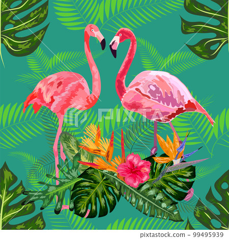 Bright green tropical jungle rainforest palm tree leaves. Pink exotic flamingo wading birds couple. Seamless pattern texture 99495939