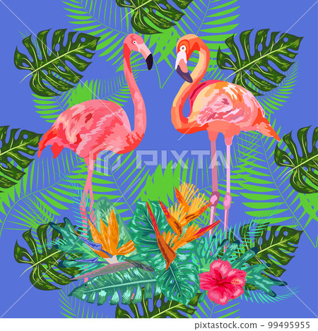 seamless floral summer pattern background with tropical palm leaves, flamingo, hibiscus. 99495955
