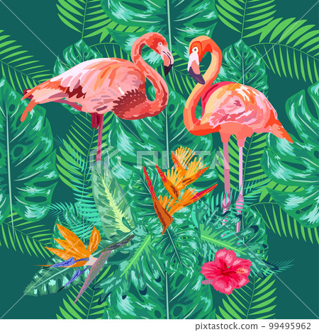 seamless floral summer pattern background with tropical palm leaves, flamingo, hibiscus. 99495962