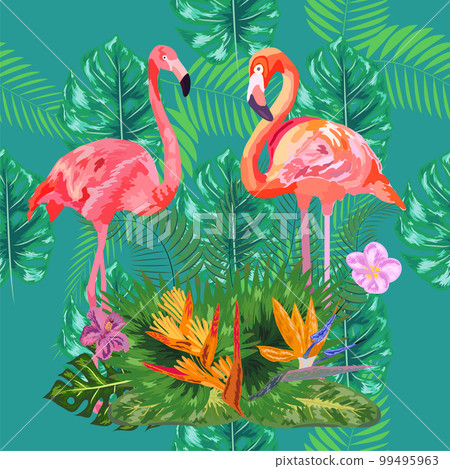 Bright green tropical jungle rainforest palm tree leaves. Pink exotic flamingo wading birds couple. Seamless pattern texture 99495963