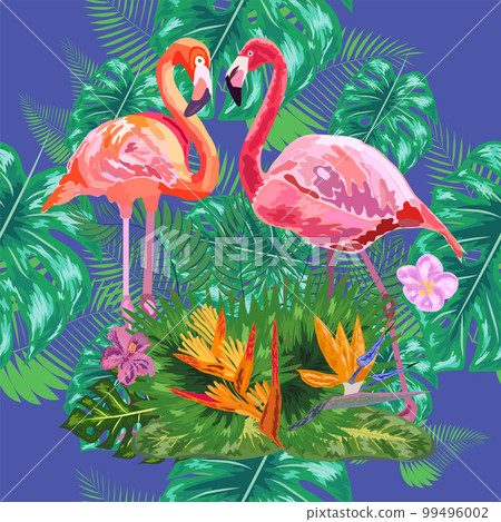 Trendy seamless pattern pink flamingo birds couple. Bright camelia flowers. Tropical monstera green leaves. 99496002