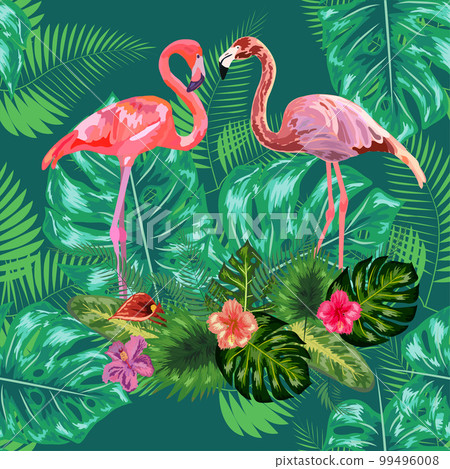 Trendy seamless pattern pink flamingo birds couple. Bright camelia flowers. Tropical monstera green leaves. 99496008