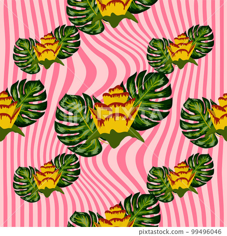 Summer seamless tropical pattern with bright yellow and pink plants and leaves. Summer seamless tropical pattern with bright yellow and pink plants and leaves. 99496046