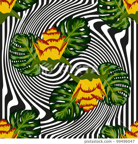 Summer seamless tropical pattern with bright yellow and pink plants and leaves. Summer seamless tropical pattern with bright yellow and pink plants and leaves. 99496047