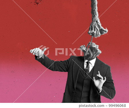 Creative design in retro style. Contemporary art collage. Being on the edge. Headless man in suit with ripping string over gradient red pink background. Collapse Creative design in retro style. Contemporary art collage. Being on the edge. Headless man in suit with ripping string over gradient red pink background. Collapse 99496068