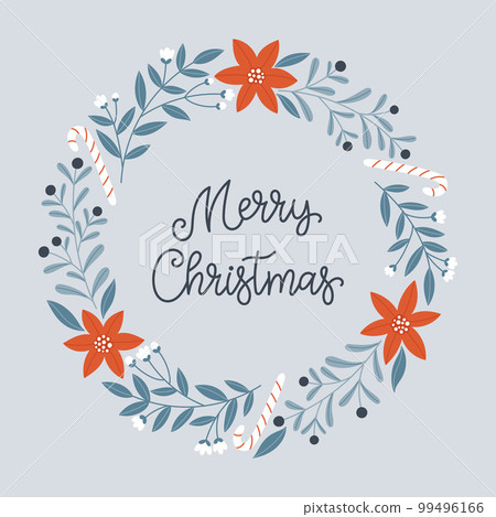 Merry Christmas. Festive Christmas template with poinsettia wreath, twigs and lettering. 99496166