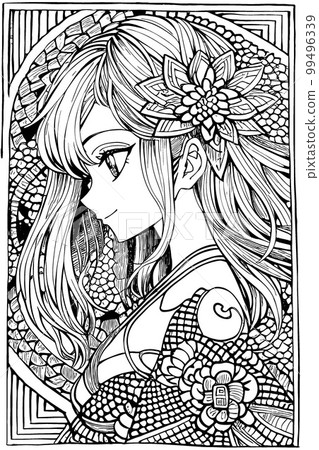 A beautiful girl, featuring decorations and costumes, doodle, coloring book. Vector illustration 99496339