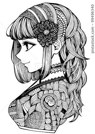 A beautiful girl, featuring decorations and costumes, doodle, coloring book. Vector illustration 99496340