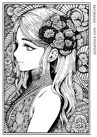 A beautiful girl, featuring decorations and costumes, doodle, coloring book. Vector illustration 99496346
