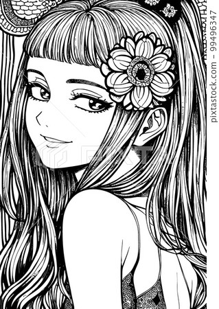 A beautiful girl, featuring decorations and costumes, doodle, coloring book. Vector illustration 99496347