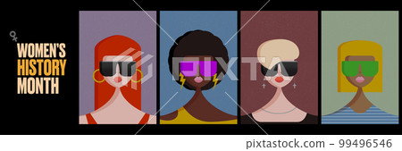 Womens History Month horizontal banner with pretty womans. Women's day poster. Banner with young Stylish and fashion womens. 8 march greeting card and flyer Womens History Month horizontal banner with pretty womans. Women's day poster. Banner with young Stylish and fashion womens. 8 march greeting card and flyer 99496546