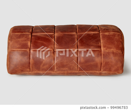 Artisanal reddish-brown natural leather footstool of half-cylindrical shape 99496783