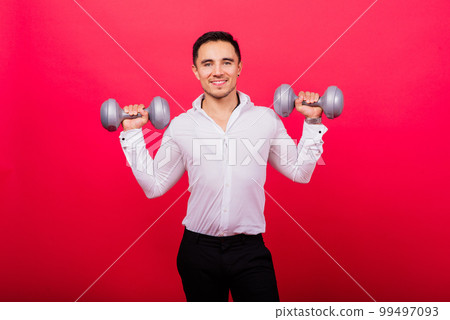 Portrait young fitness sporty strong man bare-chested muscular sportsman isolated on grey dark. 99497093