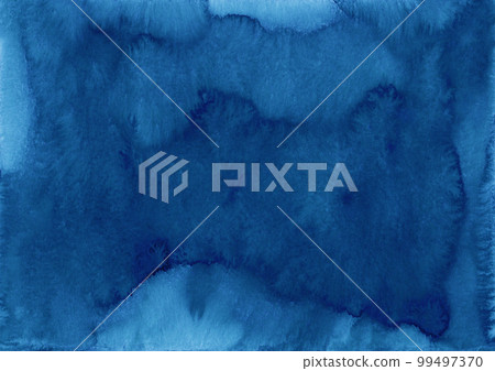 Watercolor dark blue background texture. Navy blue stains on paper, hand painted. 99497370