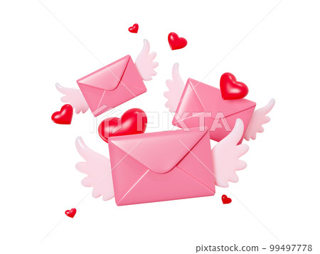 Love letter sending 3d render - closed pink envelope with red heart decoration and wings. Love letter sending 3d render - closed pink envelope with red heart decoration and wings. 99497778