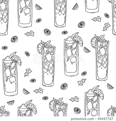 Seamless pattern with glasses of Mexican cocktails Charro Negro on white background with lime slices. Vector endless background with latin american drinks in linear hand drawn doodle style. 99497787